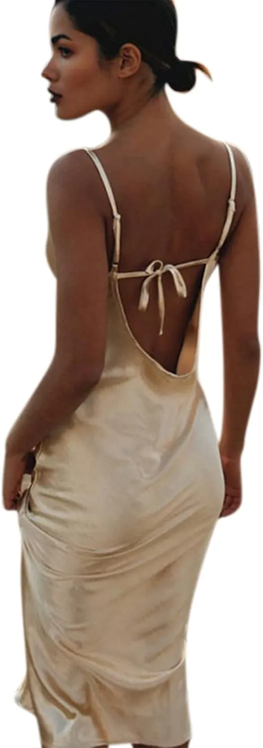 Women's Satin Bodycon Sexy Elegant Spaghetti Strap Backless Long Midi Fishtail Dress for Evening Cocktail Party Prom Wedding