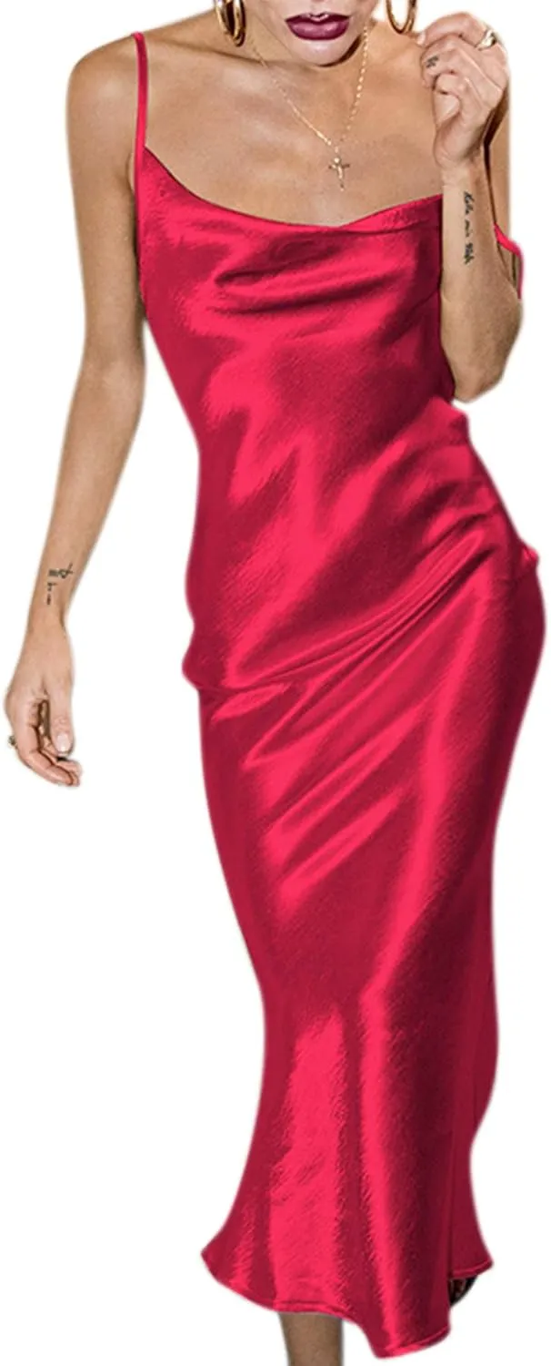 Women's Satin Bodycon Sexy Elegant Spaghetti Strap Backless Long Midi Fishtail Dress for Evening Cocktail Party Prom Wedding