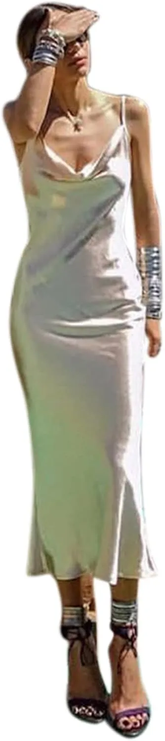 Women's Satin Bodycon Sexy Elegant Spaghetti Strap Backless Long Midi Fishtail Dress for Evening Cocktail Party Prom Wedding