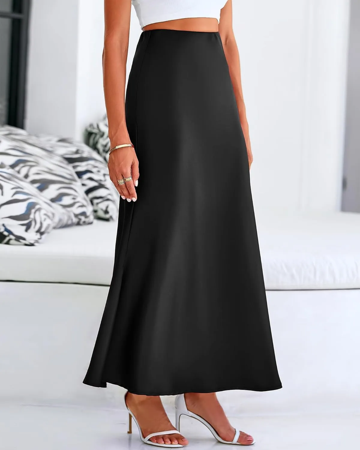 Women's Satin High Waist Skirt Silk Summer Flared A-Line Maxi Skirts Elegant Cocktail Party Wedding Skirt