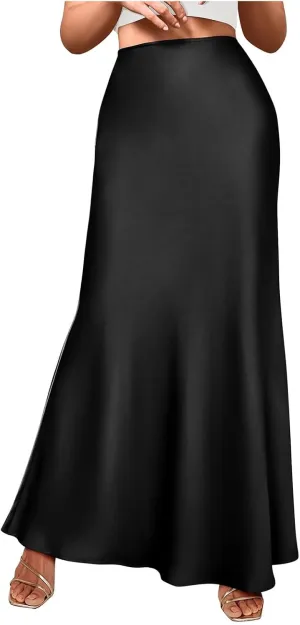 Women's Satin High Waist Skirt Silk Summer Flared A-Line Maxi Skirts Elegant Cocktail Party Wedding Skirt