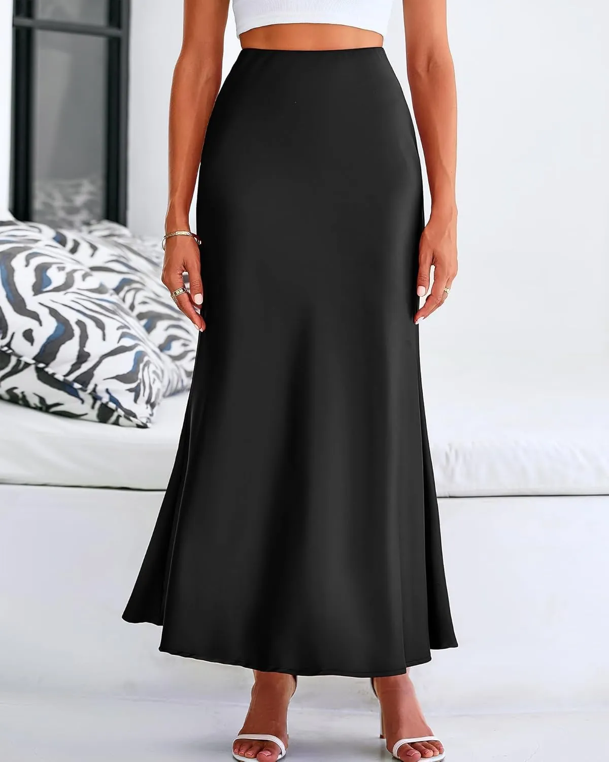 Women's Satin High Waist Skirt Silk Summer Flared A-Line Maxi Skirts Elegant Cocktail Party Wedding Skirt