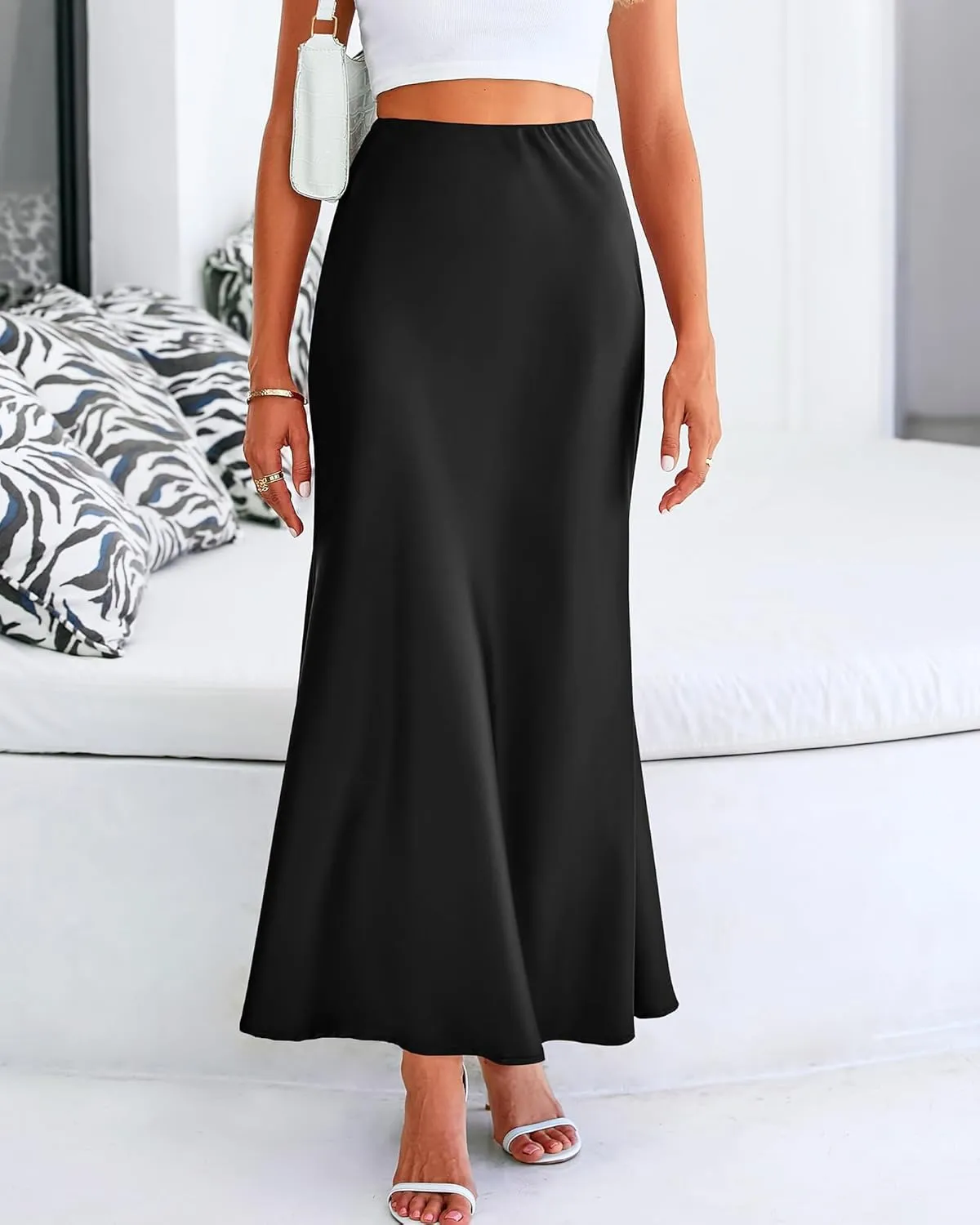 Women's Satin High Waist Skirt Silk Summer Flared A-Line Maxi Skirts Elegant Cocktail Party Wedding Skirt