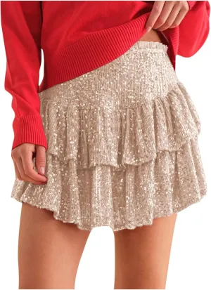 Womens Sequin Pleated Mini Skirts Flowy Ruffle Sparkly Skirt High Waisted Elastic Layered Party Skirts