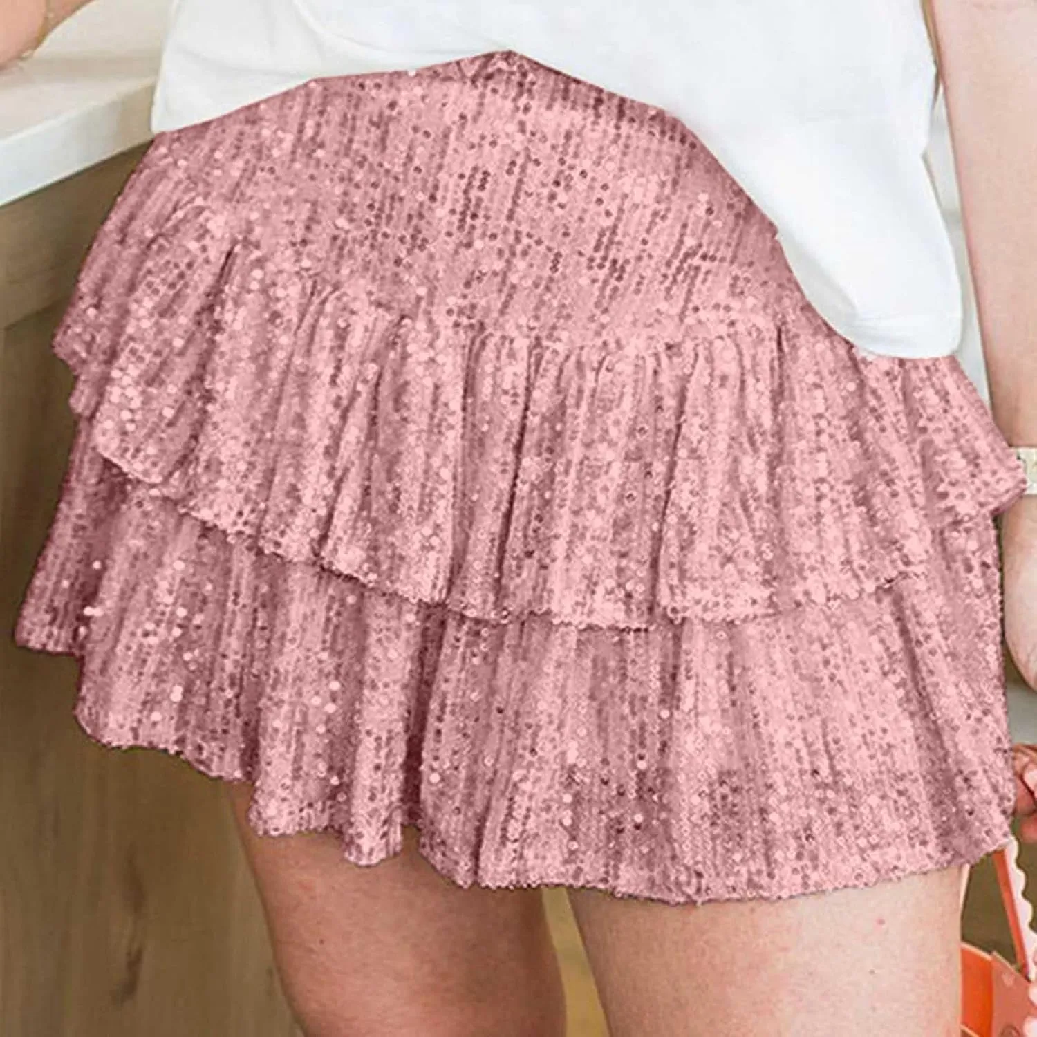 Womens Sequin Pleated Mini Skirts Flowy Ruffle Sparkly Skirt High Waisted Elastic Layered Party Skirts