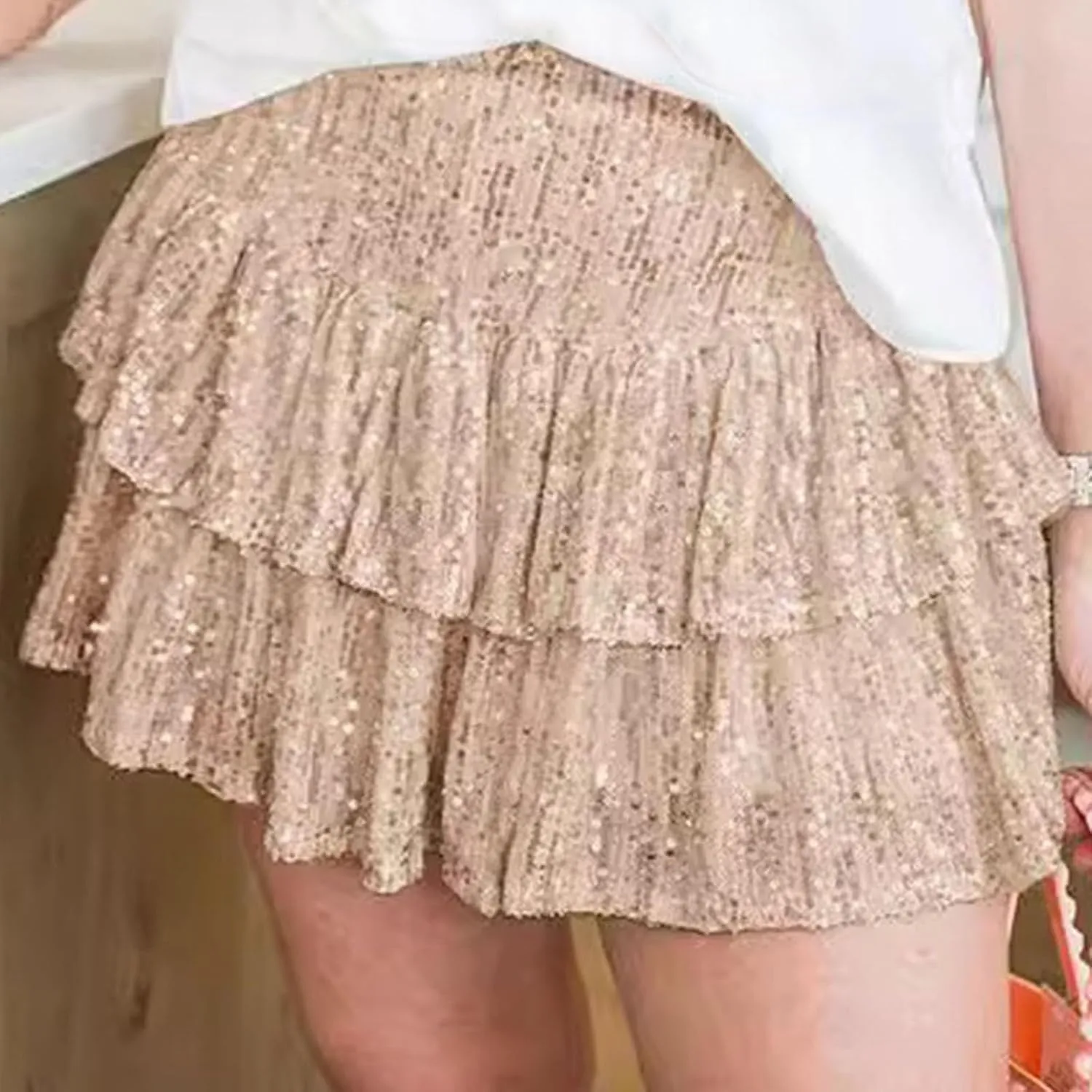 Womens Sequin Pleated Mini Skirts Flowy Ruffle Sparkly Skirt High Waisted Elastic Layered Party Skirts