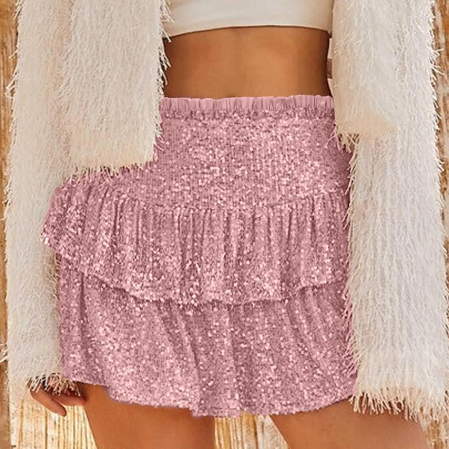 Womens Sequin Pleated Mini Skirts Flowy Ruffle Sparkly Skirt High Waisted Elastic Layered Party Skirts