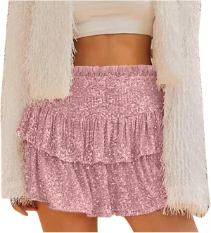 Womens Sequin Pleated Mini Skirts Flowy Ruffle Sparkly Skirt High Waisted Elastic Layered Party Skirts
