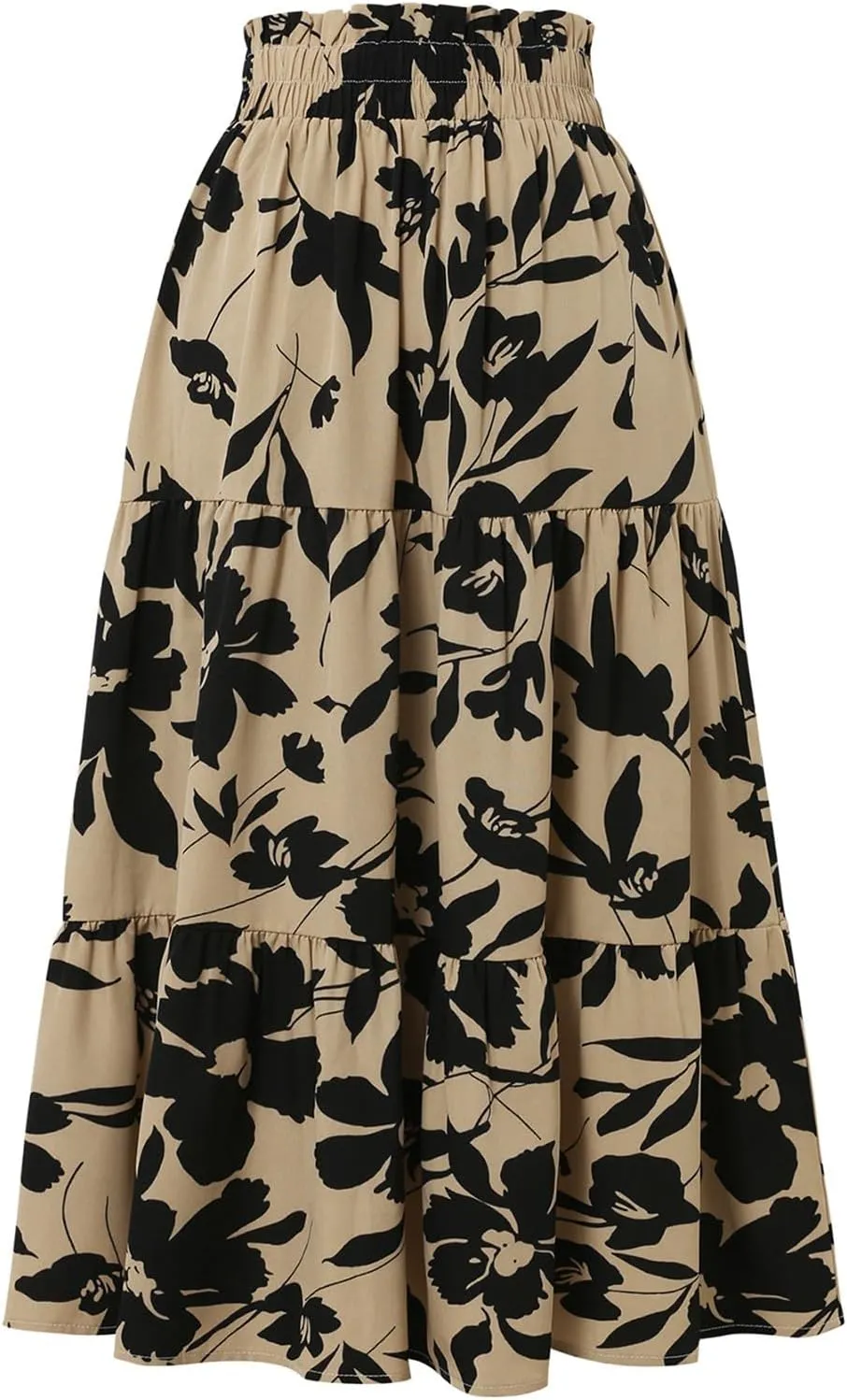 Womens Skirt Summer Drawstring High Waist Midi Skirt Work A-Line Floral Print Layered Tiered Ruffle Skirts Knee Length