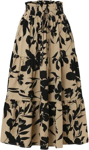 Womens Skirt Summer Drawstring High Waist Midi Skirt Work A-Line Floral Print Layered Tiered Ruffle Skirts Knee Length