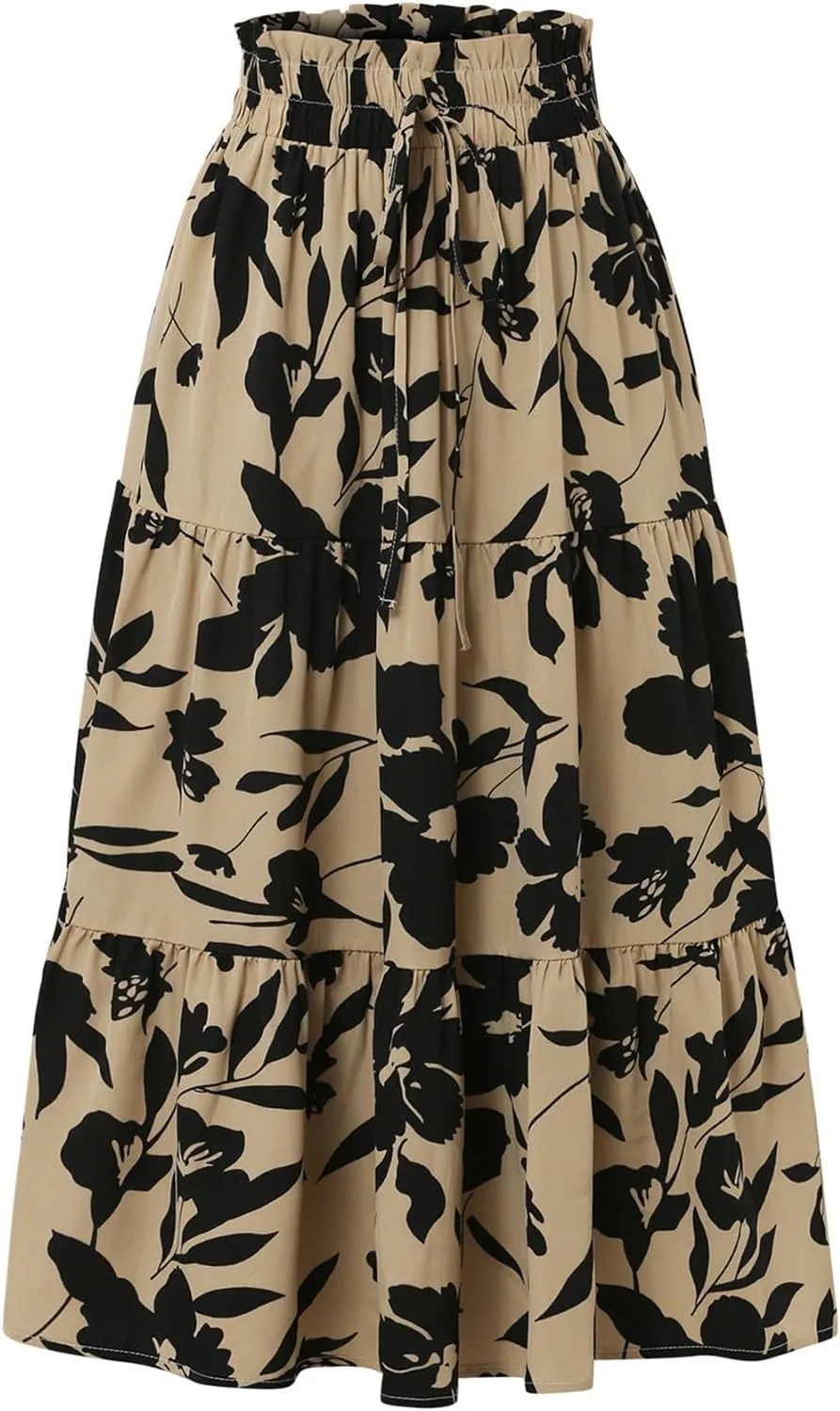 Womens Skirt Summer Drawstring High Waist Midi Skirt Work A-Line Floral Print Layered Tiered Ruffle Skirts Knee Length