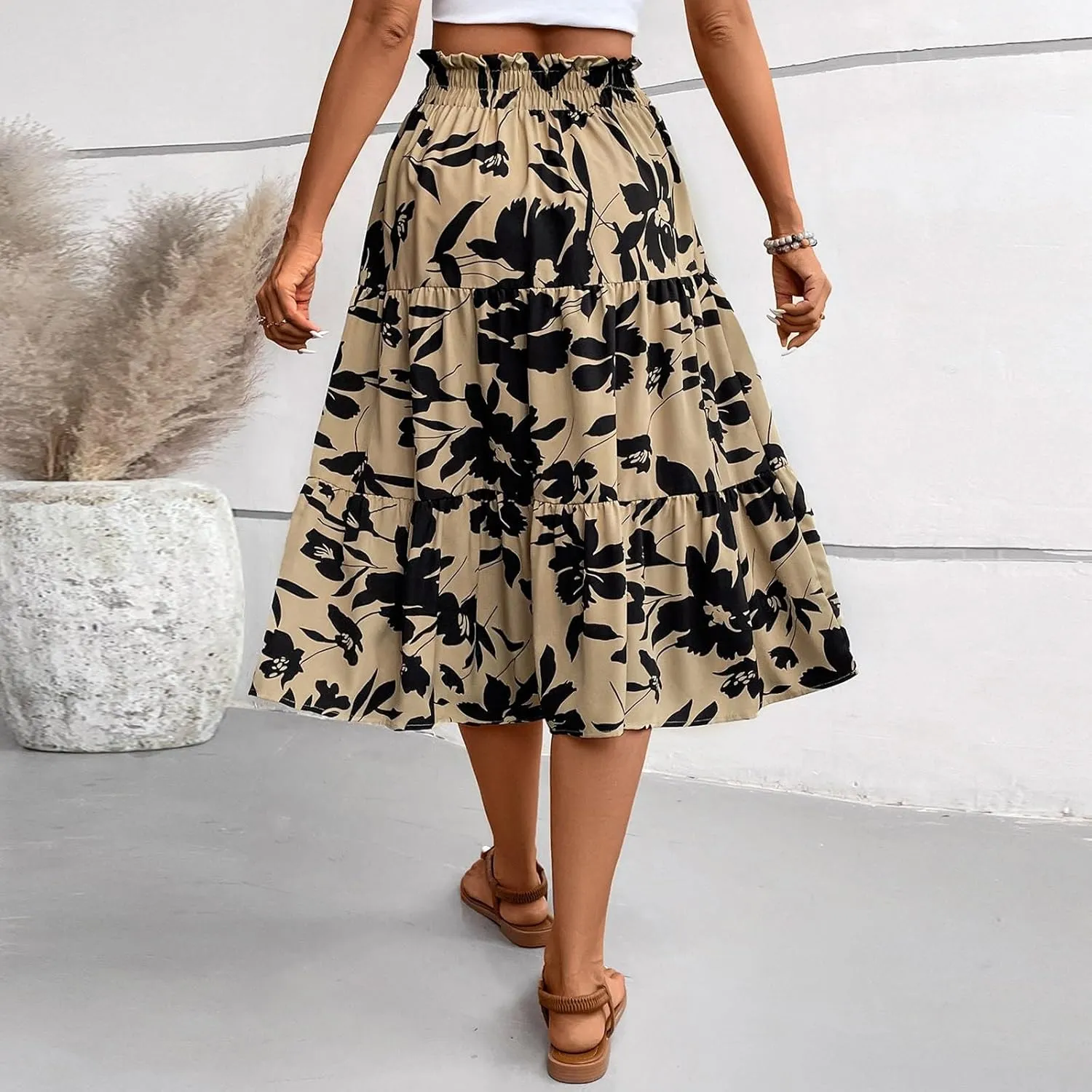 Womens Skirt Summer Drawstring High Waist Midi Skirt Work A-Line Floral Print Layered Tiered Ruffle Skirts Knee Length