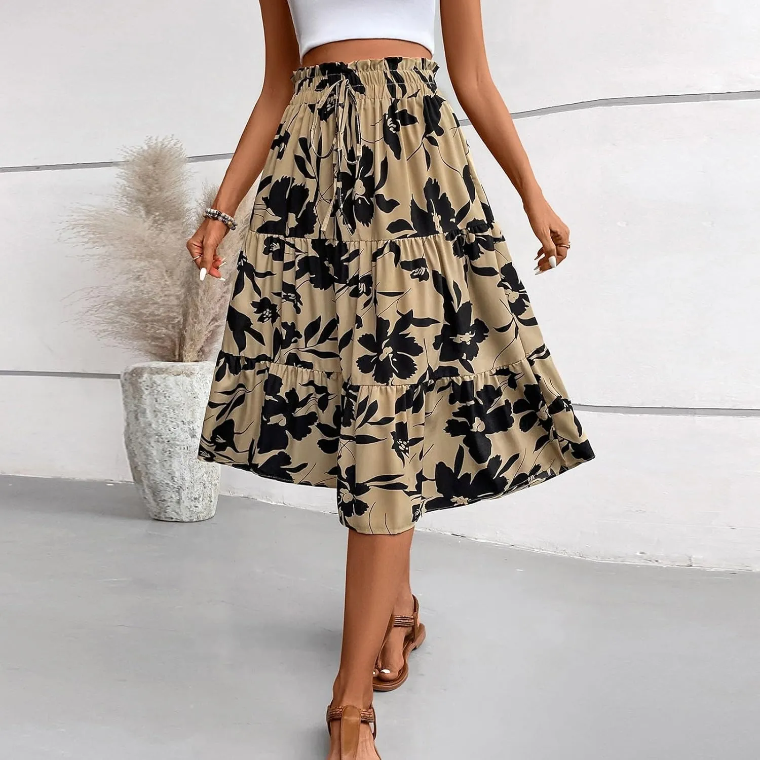 Womens Skirt Summer Drawstring High Waist Midi Skirt Work A-Line Floral Print Layered Tiered Ruffle Skirts Knee Length