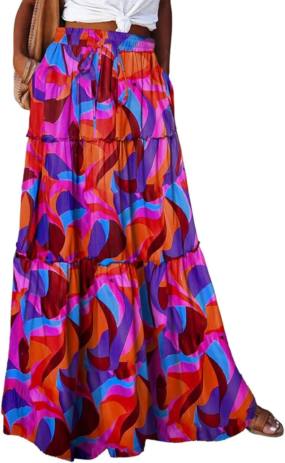 Women's Skirts Womens Summer Paisley Print Maxi Skirt Casual Elastic High Waist Pleated Ruffle Flowy Long Skirts