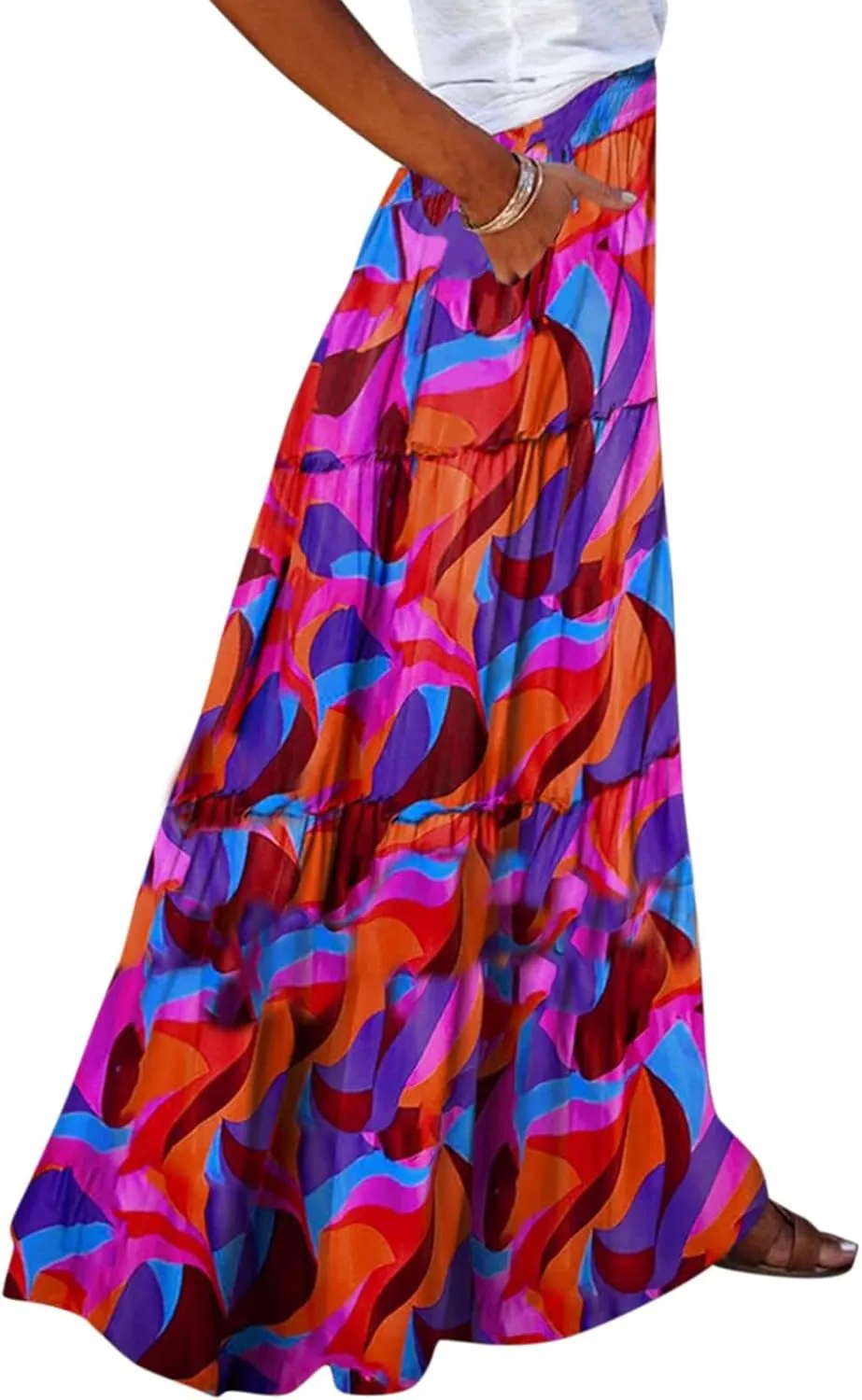 Women's Skirts Womens Summer Paisley Print Maxi Skirt Casual Elastic High Waist Pleated Ruffle Flowy Long Skirts