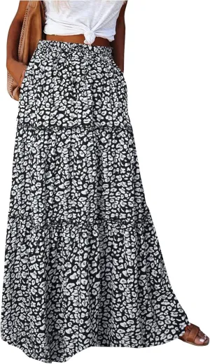 Womens Skirts,Boho Ruffle Hem Flowy Maxi Skirts for Women Trendy 2025 Summer Vacation Elastic High Waist Drawstring