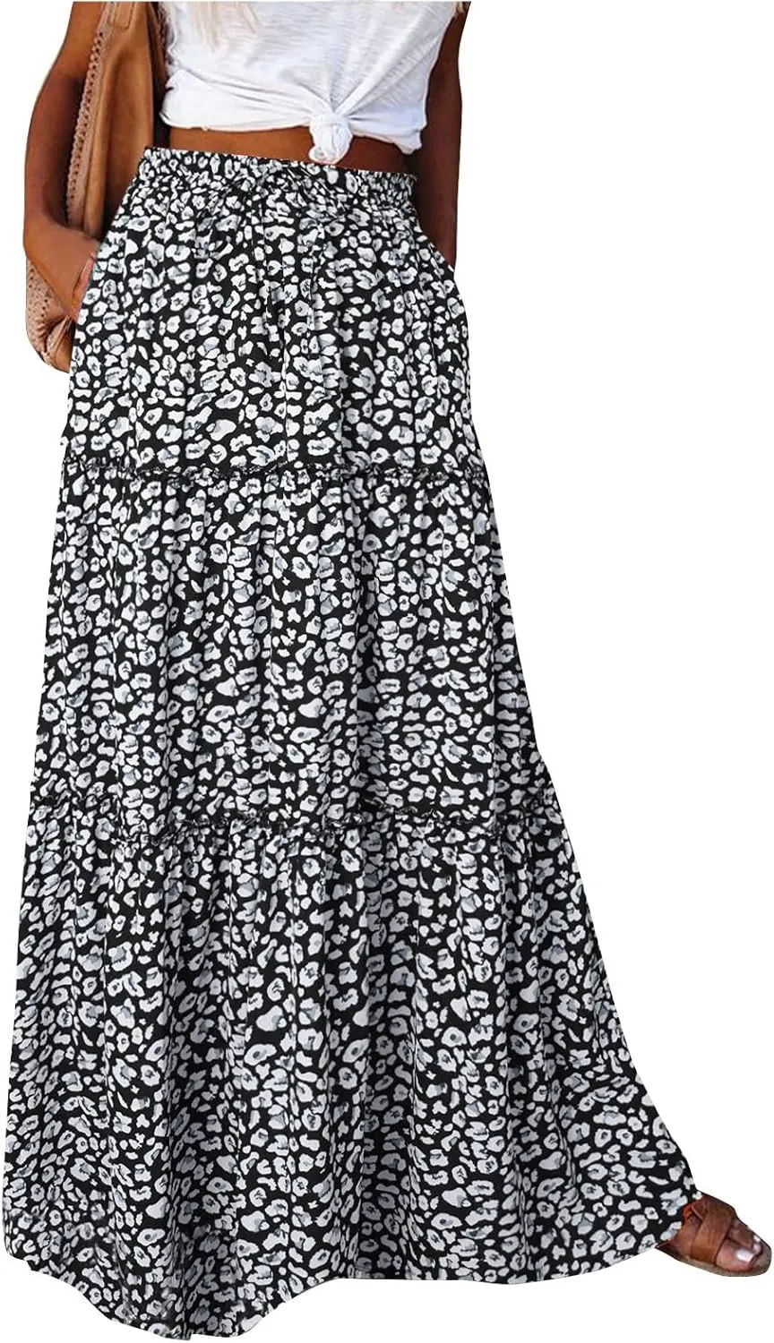 Womens Skirts,Boho Ruffle Hem Flowy Maxi Skirts for Women Trendy 2025 Summer Vacation Elastic High Waist Drawstring