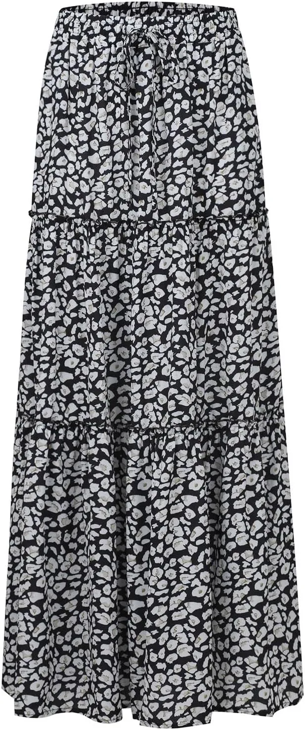 Womens Skirts,Boho Ruffle Hem Flowy Maxi Skirts for Women Trendy 2025 Summer Vacation Elastic High Waist Drawstring