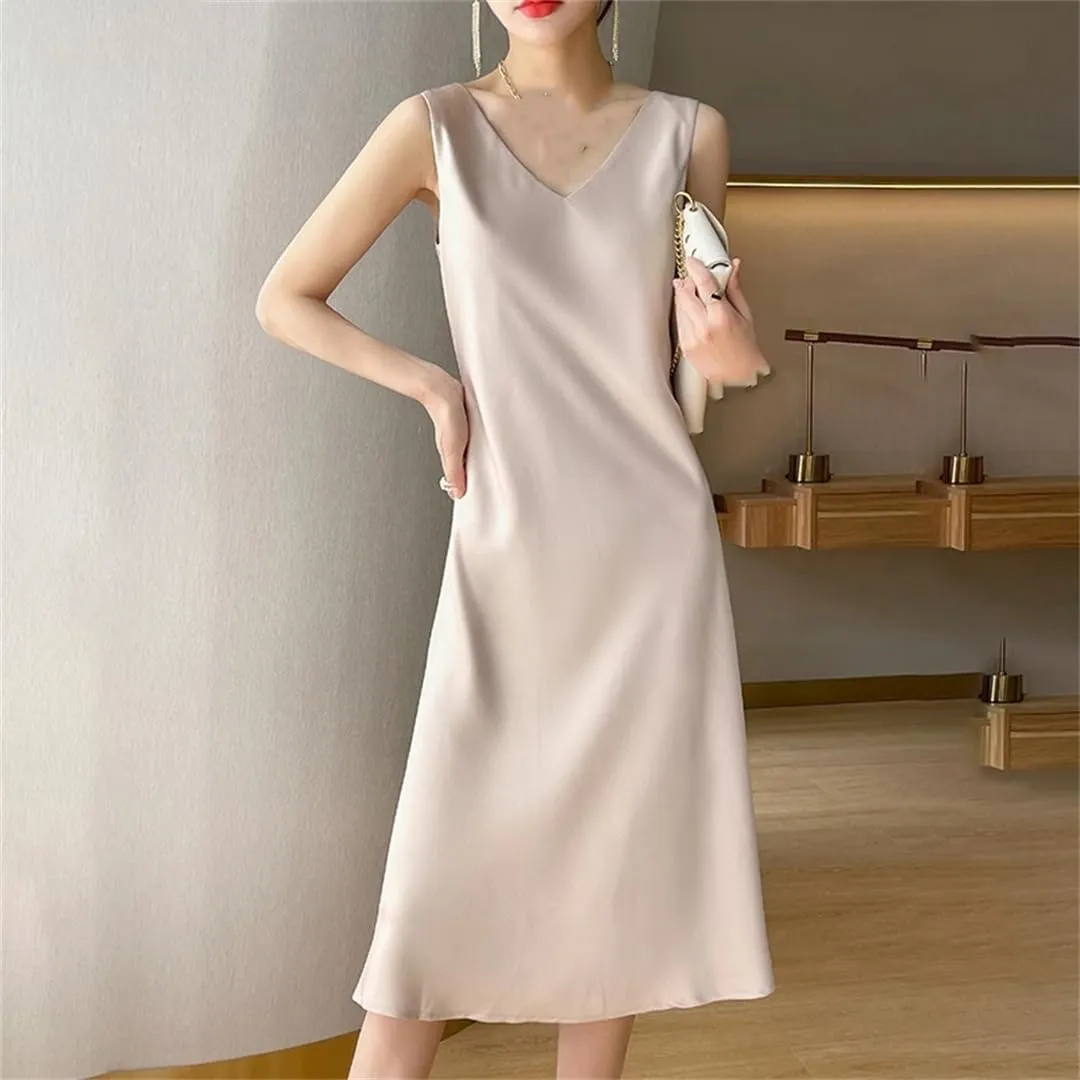 Women's Sleeveless Silk Satin V-Neck Sleeveless Dress Waistcoat Top Spring Summer Long Skirts
