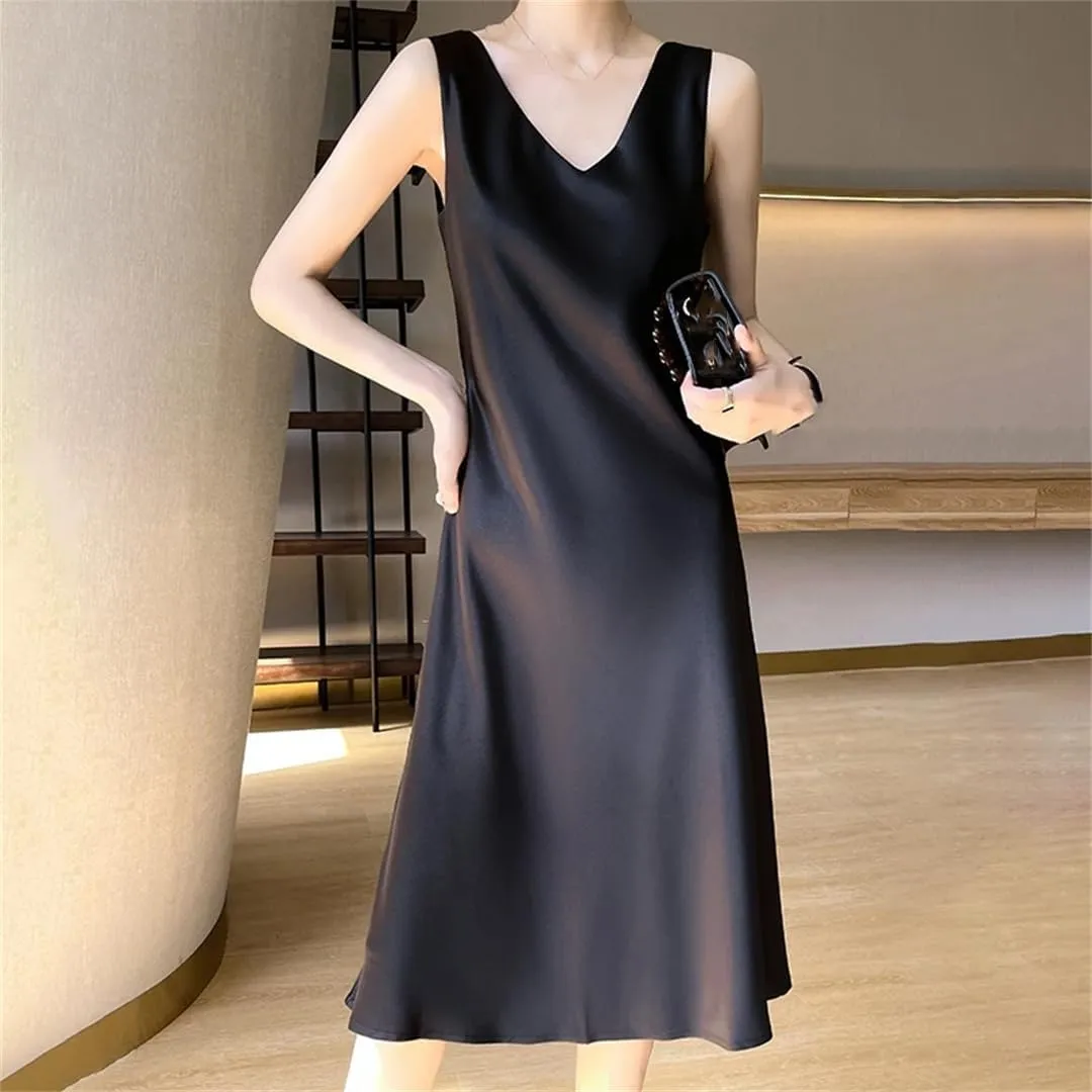 Women's Sleeveless Silk Satin V-Neck Sleeveless Dress Waistcoat Top Spring Summer Long Skirts