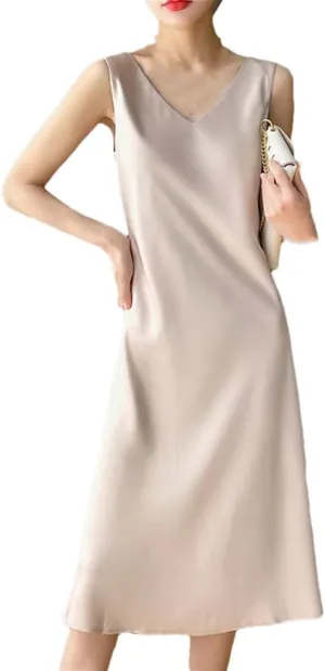 Women's Sleeveless Silk Satin V-Neck Sleeveless Dress Waistcoat Top Spring Summer Long Skirts