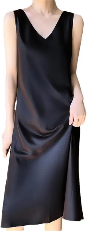 Women's Sleeveless Silk Satin V-Neck Sleeveless Dress Waistcoat Top Spring Summer Long Skirts