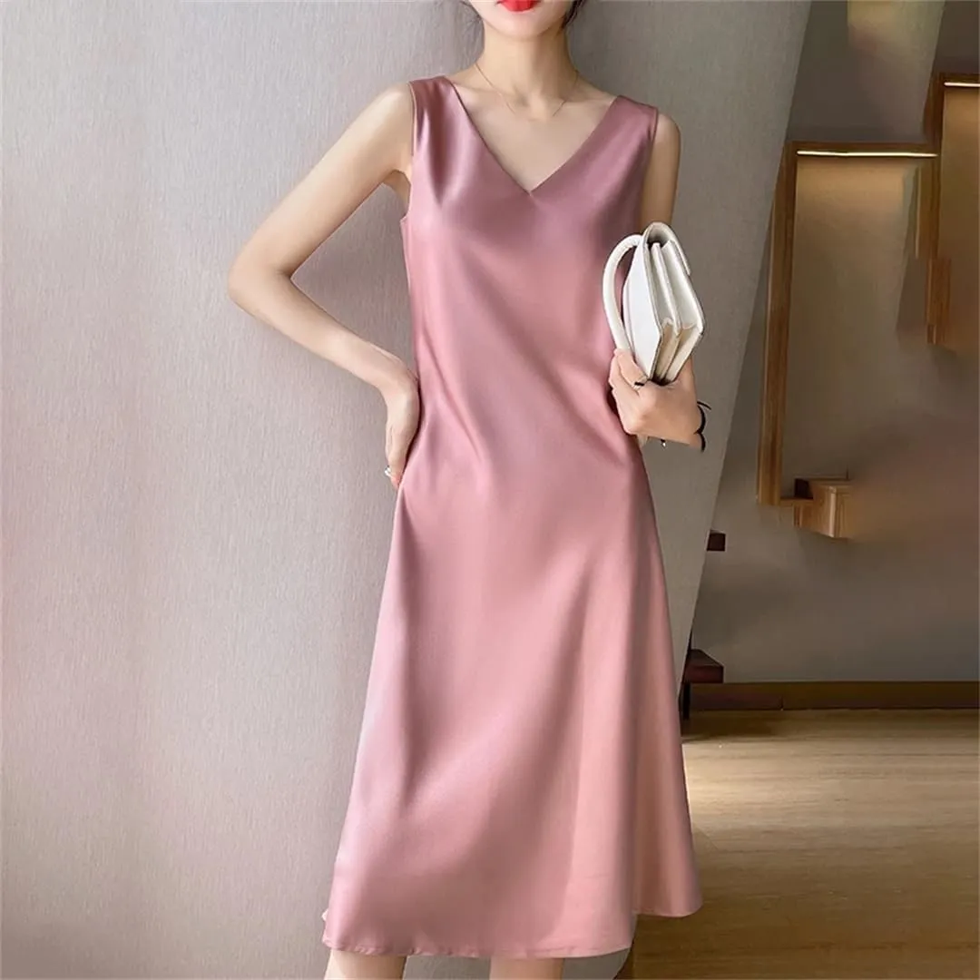 Women's Sleeveless Silk Satin V-Neck Sleeveless Dress Waistcoat Top Spring Summer Long Skirts