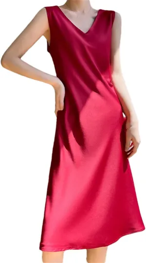 Women's Sleeveless Silk Satin V-Neck Sleeveless Dress Waistcoat Top Spring Summer Long Skirts