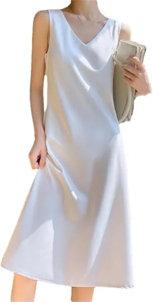 Women's Sleeveless Silk Satin V-Neck Sleeveless Dress Waistcoat Top Spring Summer Long Skirts