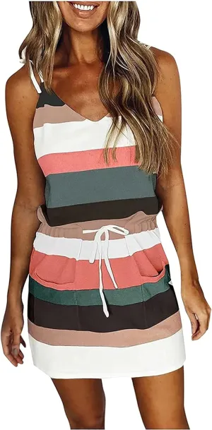 Womens Sleeveless T Shirt Dresses Casual Spaghetti Strap Sundress V Neck Striped Dress Summer Cute Mini Dresses
