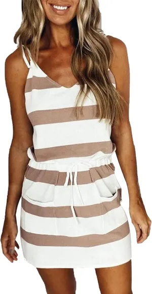 Womens Sleeveless T Shirt Dresses Casual Spaghetti Strap Sundress V Neck Striped Dress Summer Cute Mini Dresses
