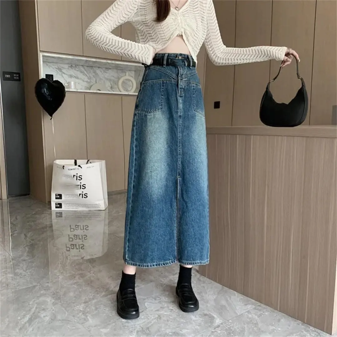 Women's Slimming Dresses Pear-Shaped Half-Length Denim High-Waisted A- Line Skirt