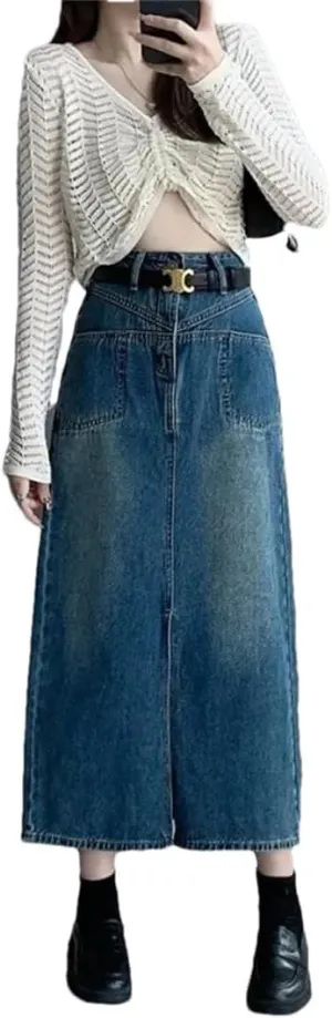 Women's Slimming Dresses Pear-Shaped Half-Length Denim High-Waisted A- Line Skirt