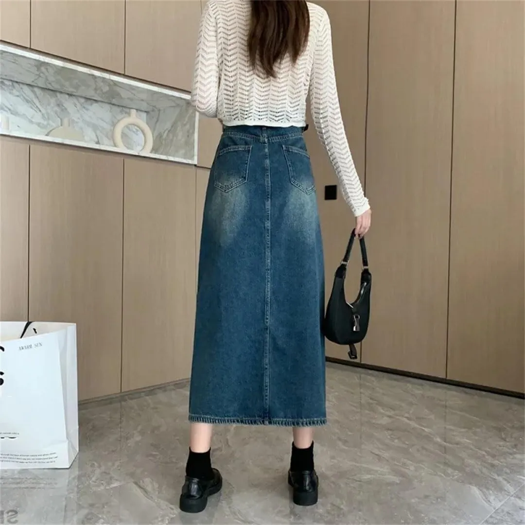 Women's Slimming Dresses Pear-Shaped Half-Length Denim High-Waisted A- Line Skirt