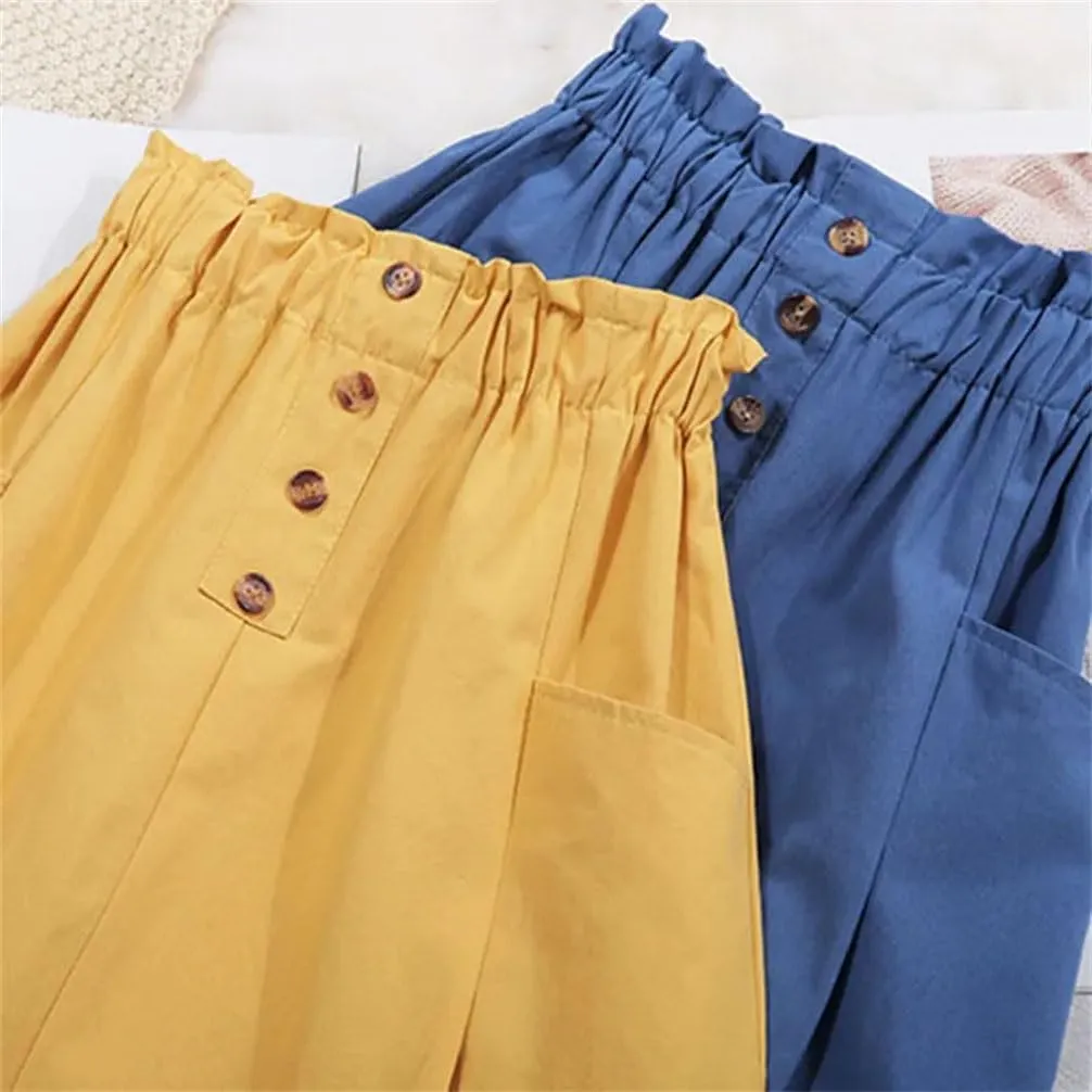Women's Solid Color High Waisted Skirt with Double Pocket Buttons A-Line Skirt