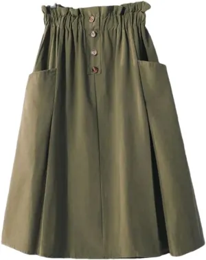 Women's Solid Color High Waisted Skirt with Double Pocket Buttons A-Line Skirt