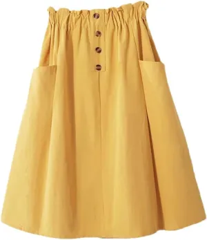 Women's Solid Color High Waisted Skirt with Double Pocket Buttons A-Line Skirt