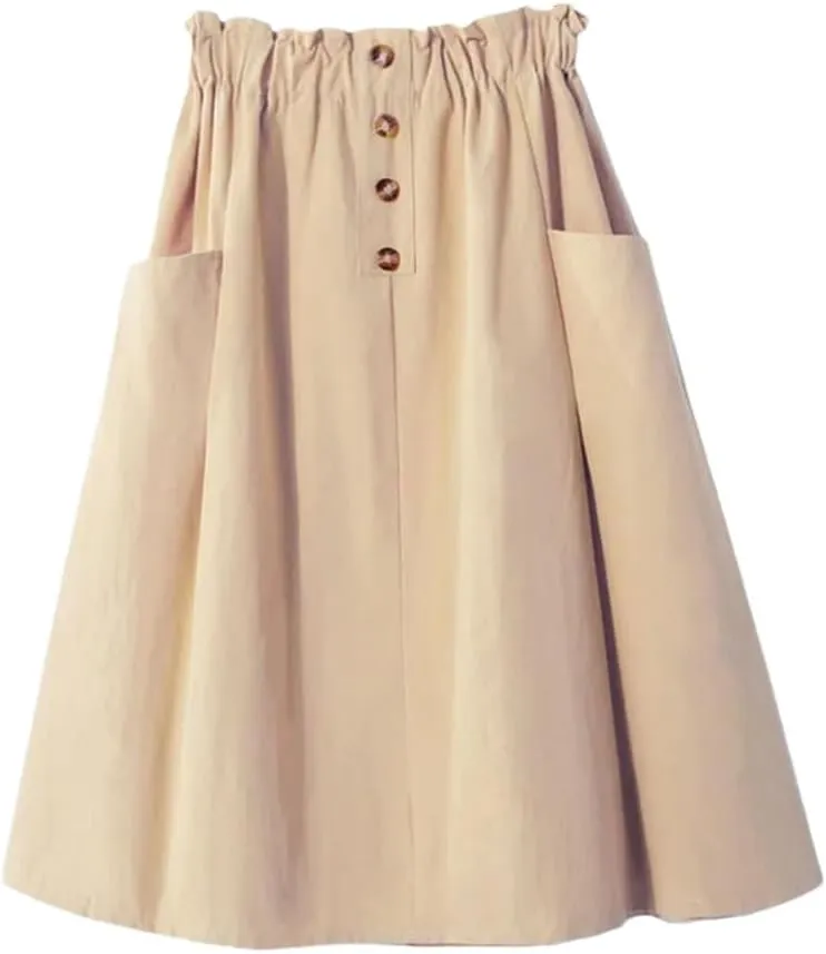 Women's Solid Color High Waisted Skirt with Double Pocket Buttons A-Line Skirt