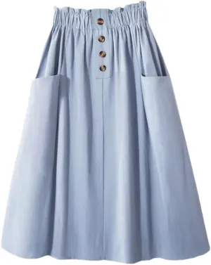 Women's Solid Color High Waisted Skirt with Double Pocket Buttons A-Line Skirt