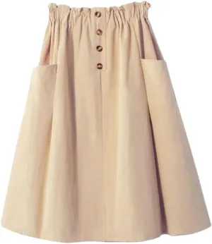Women's Solid Color High Waisted Skirt with Double Pocket Buttons A-Line Skirt