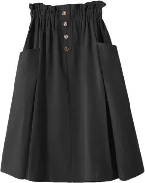 Women's Solid Color High Waisted Skirt with Double Pocket Buttons A-Line Skirt