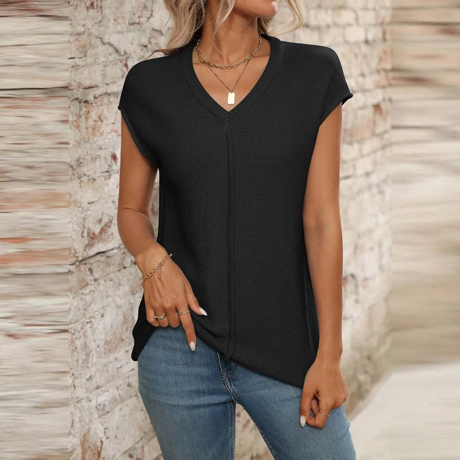 Women's Solid Color V-Neck Knit Tank Tops, Summer Loose Breathable Sleeveless Casual Shirts Lightweight Comfy Clothes