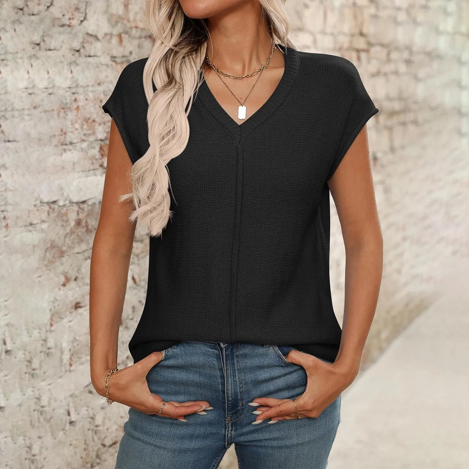 Women's Solid Color V-Neck Knit Tank Tops, Summer Loose Breathable Sleeveless Casual Shirts Lightweight Comfy Clothes
