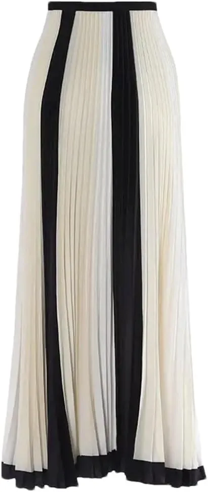 Women's Splicing Chiffon Pleated A-Line Skirt Summer High Waisted Casual Long Skirts