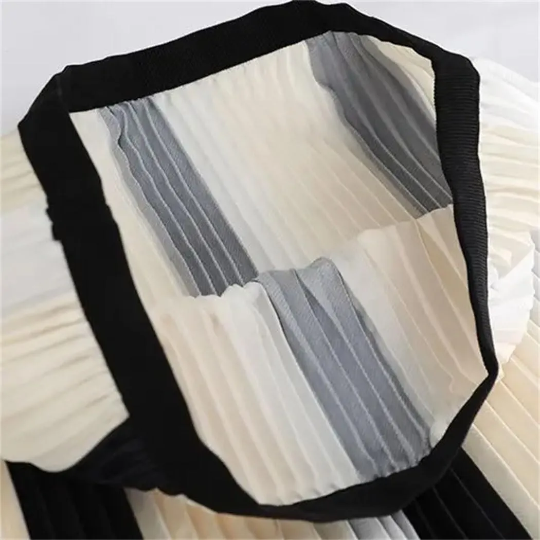 Women's Splicing Chiffon Pleated A-Line Skirt Summer High Waisted Casual Long Skirts