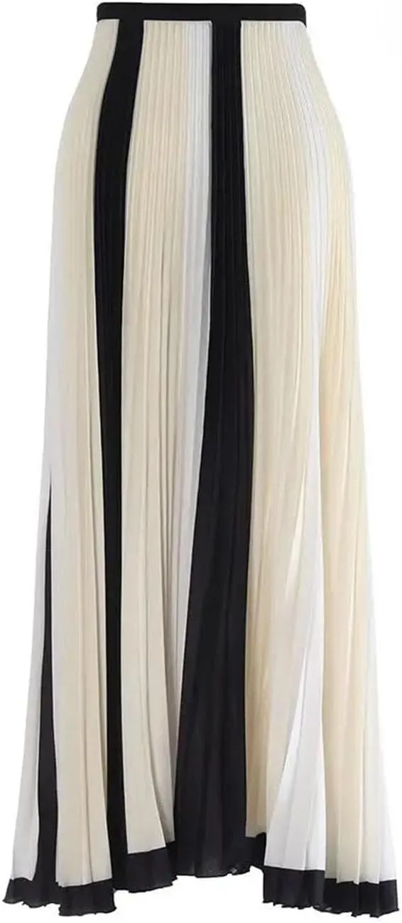 Women's Splicing Chiffon Pleated A-Line Skirt Summer High Waisted Casual Long Skirts
