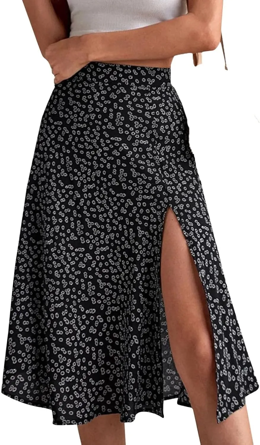 Women's Split Floral Midi Skirt Summer Casual Hip Wrap A-Line Skirt