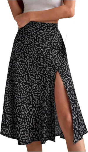 Women's Split Floral Midi Skirt Summer Casual Hip Wrap A-Line Skirt