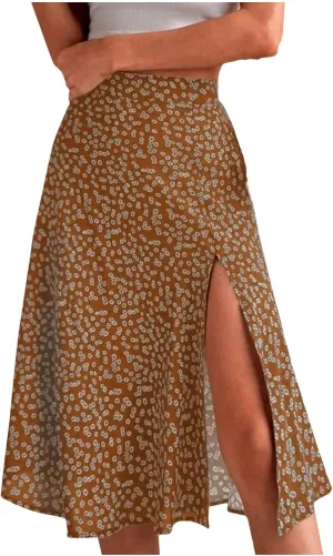 Women's Split Floral Midi Skirt Summer Casual Hip Wrap A-Line Skirt