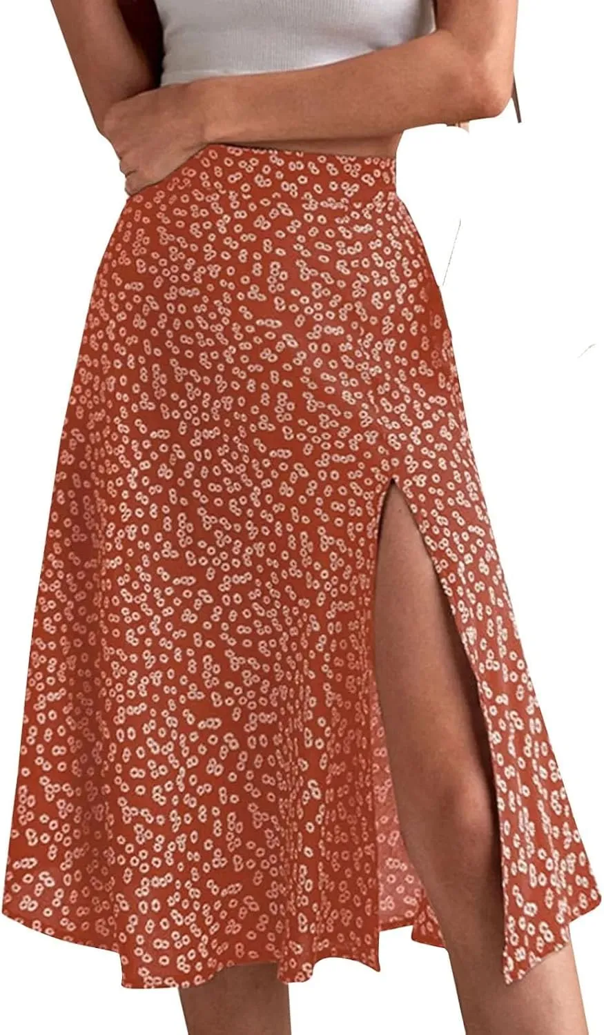 Women's Split Floral Midi Skirt Summer Casual Hip Wrap A-Line Skirt